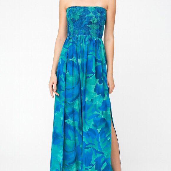 BellanBlue Blue Green Strapless Floral Jumpsuit NWT Size Medium Smocked Bodice - Picture 1 of 10